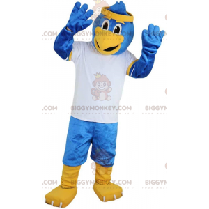 Στολή μασκότ BIGGYMONKEY™ μπλε πουλιού με αθλητικά ρούχα