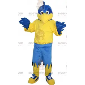 Μπλε και κίτρινη στολή μασκότ BIGGYMONKEY™ Eagle, Giant Blue