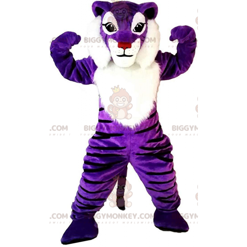 Costume de mascotte BIGGYMONKEY™ de tigre violet et blanc Costume de mascotte BIGGYMONKEY™ de tigre violet et blanc