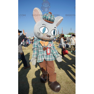 Giant Gray Rabbit BIGGYMONKEY™ Mascot Costume Dressed In Plaid