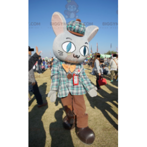 Giant Grey Rabbit BIGGYMONKEY™ maskotti puku ruudullinen mekko - Kani maskotti - BIGGYMONKEY_01308 - BiggyMonkey.com