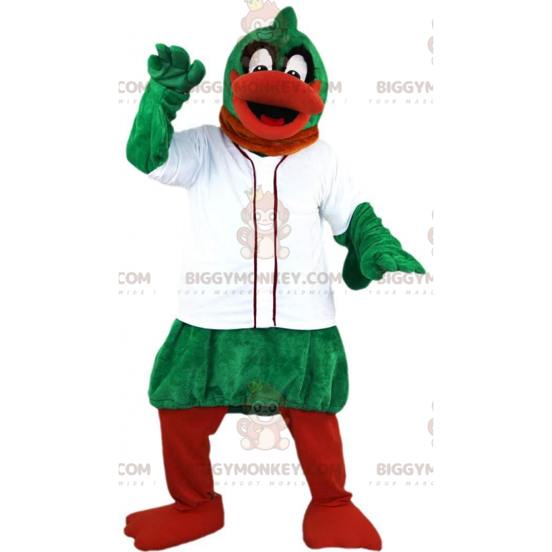 Traje de mascote BIGGYMONKEY™ de pato verde e laranja com Traje de mascote BIGGYMONKEY™ de pato verde e laranja com