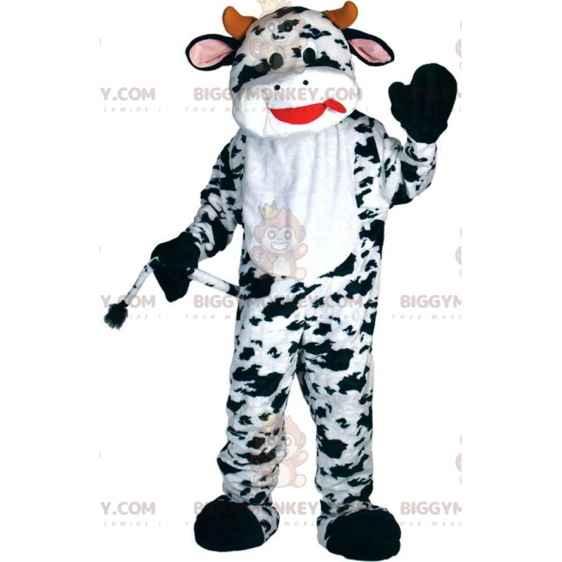 Fantasia de mascote de vaca branca e preta BIGGYMONKEY™ Fantasia de mascote de vaca branca e preta BIGGYMONKEY™