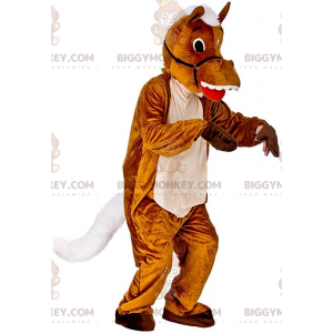 Traje de mascote BIGGYMONKEY™ de cavalo marrom e branco, traje