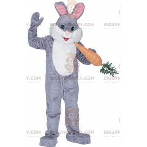 BIGGYMONKEY™ maskotkostume Grå og hvid kanin med kæmpe gulerod