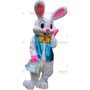 BIGGYMONKEY™ maskotkostume Hvid og lyserød kanin med blå vest -
