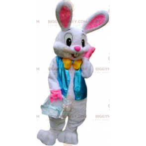 BIGGYMONKEY™ Mascot Costume White and Pink Bunny with Blue Vest