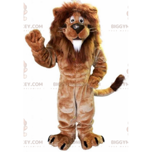 Brązowy kostium maskotki z dużą grzywą umięśnionego lwa