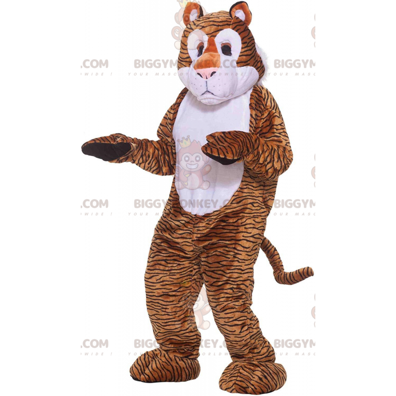 BIGGYMONKEY™ mascottekostuum bruine en witte tijger met zwarte BIGGYMONKEY™ mascottekostuum bruine en witte tijger met zwarte