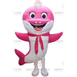 BIGGYMONKEY™ maskotdräkt mycket leende rosa och vithaj, havets