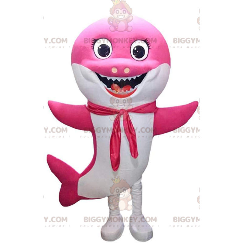 BIGGYMONKEY™ maskottiasu hyvin hymyilevä vaaleanpunainen ja BIGGYMONKEY™ maskottiasu hyvin hymyilevä vaaleanpunainen ja