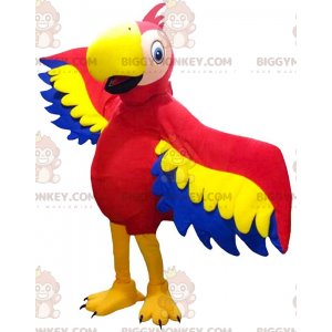 Traje de mascote BIGGYMONKEY™ de papagaio vermelho, amarelo e