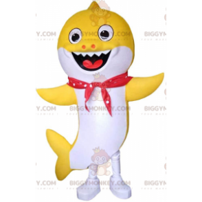 Traje de mascote BIGGYMONKEY™ de tubarão amarelo e branco sorridente, traje de mar - Mascotes de peixe - BiggyMonkey.com