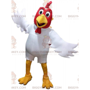 BIGGYMONKEY™ maskotkostume hvid og rød hane, kæmpe hønekostume