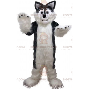 Traje de mascote BIGGYMONKEY™ de husky cinza e branco, traje de