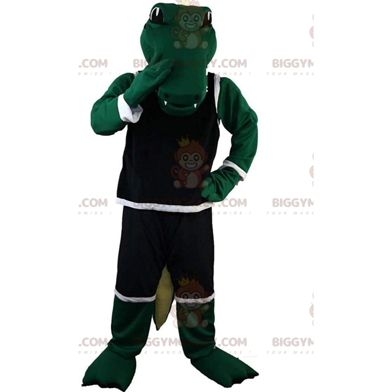 Traje de mascote BIGGYMONKEY™ de crocodilo verde em roupas Traje de mascote BIGGYMONKEY™ de crocodilo verde em roupas