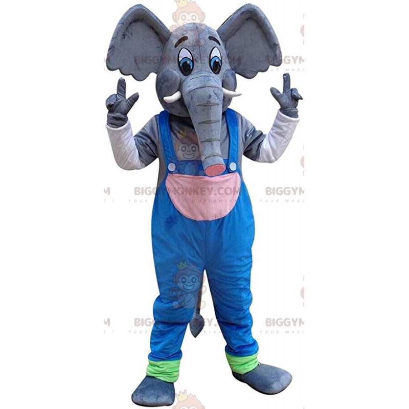 Elephant BIGGYMONKEY™ mascot costume with overalls, pachyderm Elephant BIGGYMONKEY™ mascot costume with overalls, pachyderm