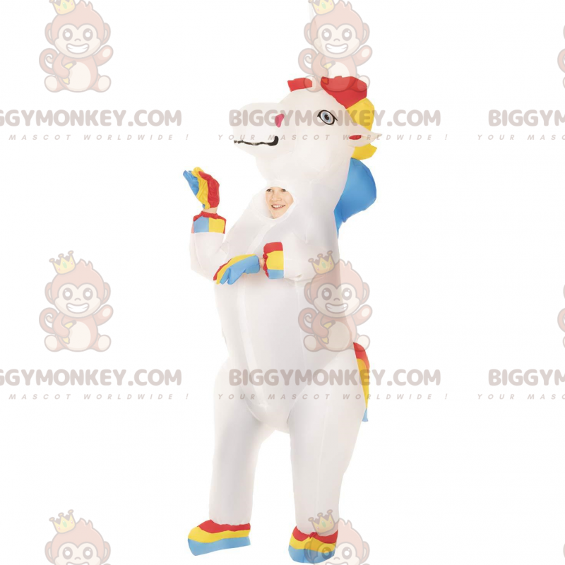 Bardzo kolorowy nadmuchiwany kostium jednorożca BIGGYMONKEY™ Bardzo kolorowy nadmuchiwany kostium jednorożca BIGGYMONKEY™