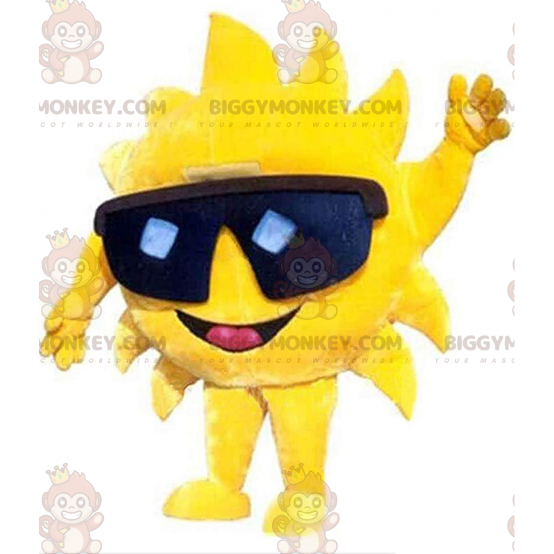Traje de mascote BIGGYMONKEY™ Sol amarelo gigante com óculos