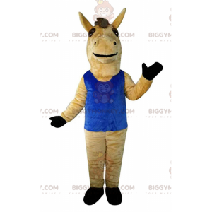 BIGGYMONKEY™ Mascot Costume Brown Horse With Blue Tank Top