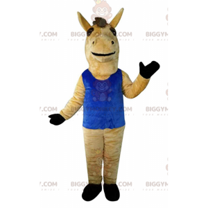 BIGGYMONKEY™ μασκότ στολή καφέ άλογο με μπλε φανελάκι, γιγάντιο