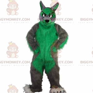 Στολή μασκότ BIGGYMONKEY™ γκρι και πράσινο λύκος, γούνινο και
