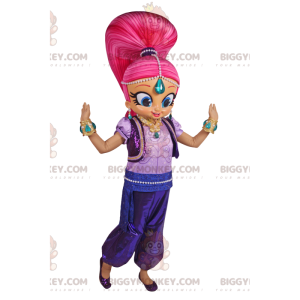 Kostýmová dívka BIGGYMONKEY™ maskot s velkými růžovými vlasy v