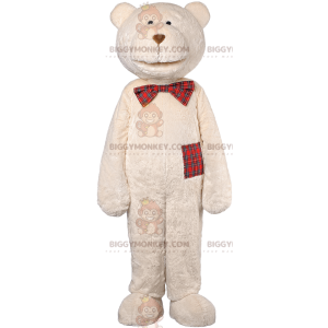 Traje de mascote BIGGYMONKEY™ Urso bege e laço escocês –
