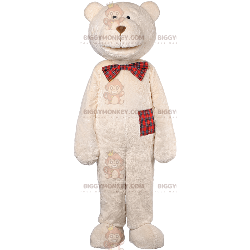 Disfraz de mascota BIGGYMONKEY™ Oso beige y lazo escocés - Disfraz de mascota BIGGYMONKEY™ Oso beige y lazo escocés -