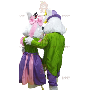  Στολή μασκότ BIGGYMONKEY™ Couple of White Rabbits με πολύχρωμο φόρεμα για πάρτι. - Μασκότ κουνελιού - BiggyMonkey.com