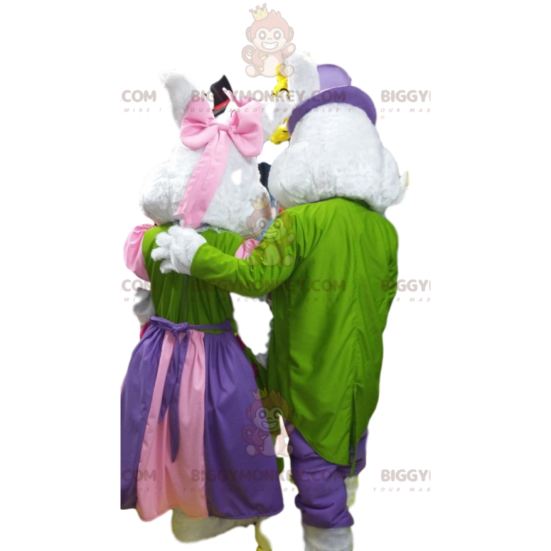 BIGGYMONKEY™ Couple of White Rabbits Mascot Costume in Colorful BIGGYMONKEY™ Couple of White Rabbits Mascot Costume in Colorful