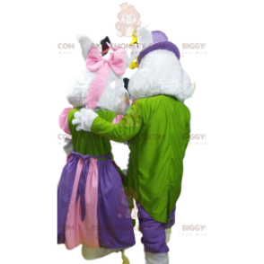BIGGYMONKEY™ Couple of White Rabbits Mascot Costume in Colorful Party Dress. - Rabbit mascot - BiggyMonkey.com