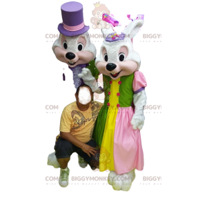 Traje de mascote de casal de coelhos brancos BIGGYMONKEY™ em