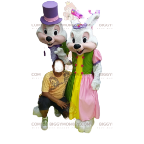 BIGGYMONKEY™ Couple of White Rabbits Mascot Costume in Colorful Party Dress. - Rabbit mascot - BiggyMonkey.com