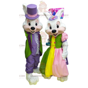 BIGGYMONKEY™ Couple of White Rabbits Mascot Costume in Colorful Party Dress. - Rabbit mascot - BiggyMonkey.com