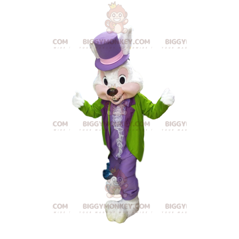 Valkoinen Rabbit BIGGYMONKEY™ maskottiasu värikkäässä juhlamekossa - Kani maskotti - BIGGYMONKEY_011569 - BiggyMonkey.com