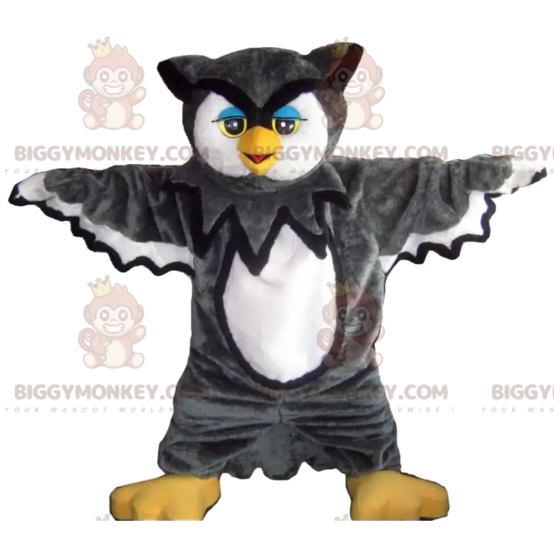 Incrível fantasia de mascote BIGGYMONKEY™ de corujas pretas e Incrível fantasia de mascote BIGGYMONKEY™ de corujas pretas e