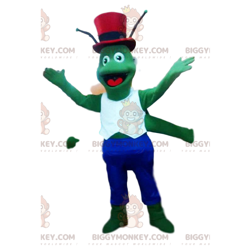 Green Cricket BIGGYMONKEY™ Mascot Costume with Red Top Hat -