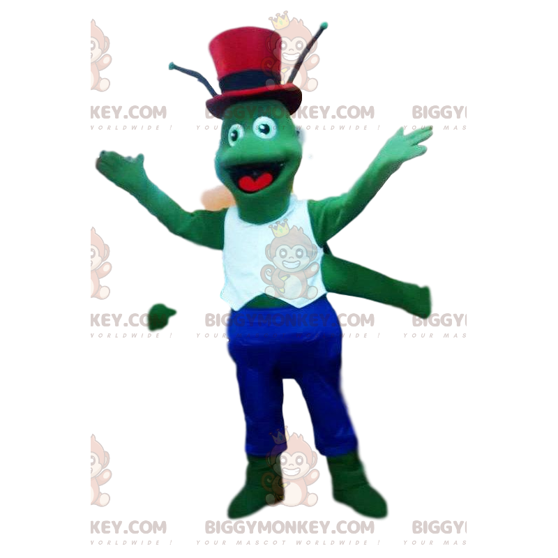 Groene krekel BIGGYMONKEY™ mascottekostuum met rode hoge hoed - Groene krekel BIGGYMONKEY™ mascottekostuum met rode hoge hoed -