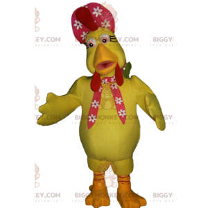 BIGGYMONKEY™ maskotkostume gul høne og hendes røde blomsterhat