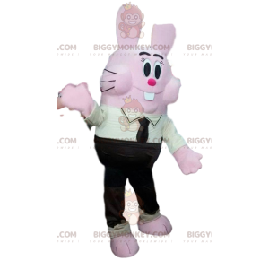 BIGGYMONKEY™ Maskotkostume Comic Pink Bunny i sort jakkesæt og