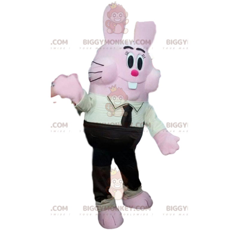 BIGGYMONKEY™ Costume da mascotte Comic Pink Bunny in abito nero BIGGYMONKEY™ Costume da mascotte Comic Pink Bunny in abito nero