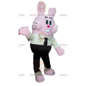 BIGGYMONKEY™ Mascot Costume Comic Pink Bunny in Black Suit &