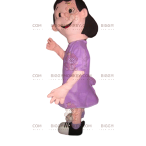 Kostium maskotki zalotna dziewczyna w fioletowej sukience