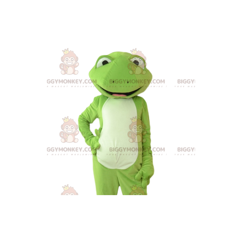 Bardzo stylowy i bardzo uśmiechnięty kostium maskotki zielonej żaby BIGGYMONKEY™ - Maskotki żaba - BiggyMonkey.com