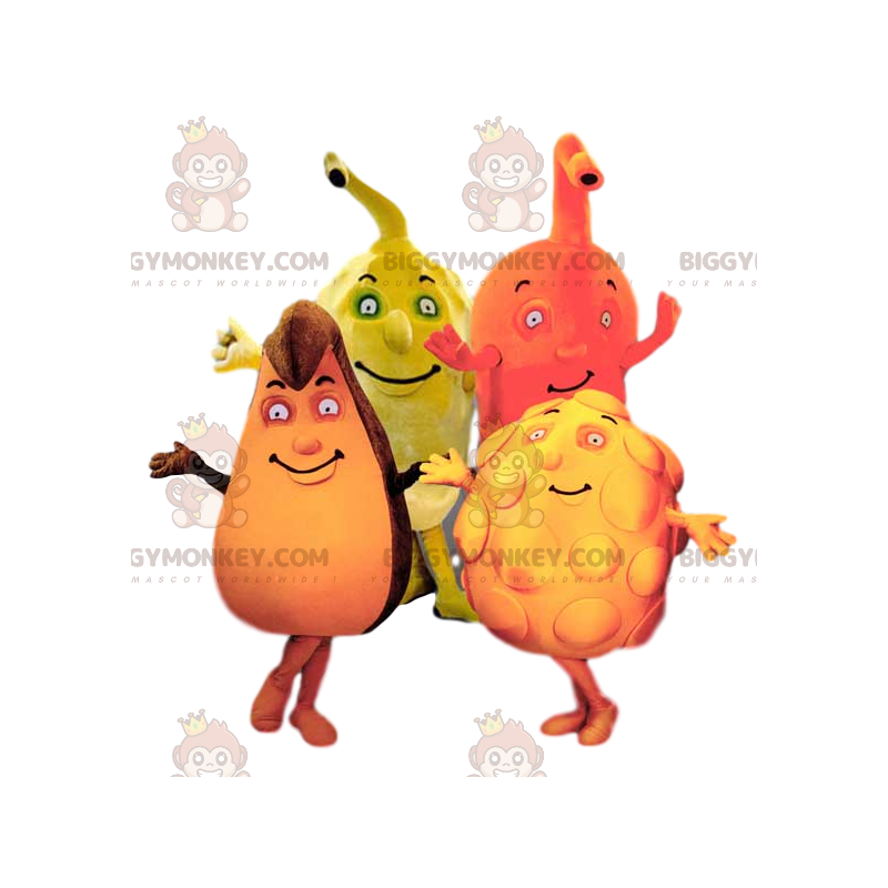 Il quartetto di mascotte di BIGGYMONKEY™ di frutti colorati e Il quartetto di mascotte di BIGGYMONKEY™ di frutti colorati e