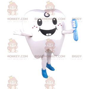 BIGGYMONKEY™ maskotdräkt av leende vit tand och blå tandborste