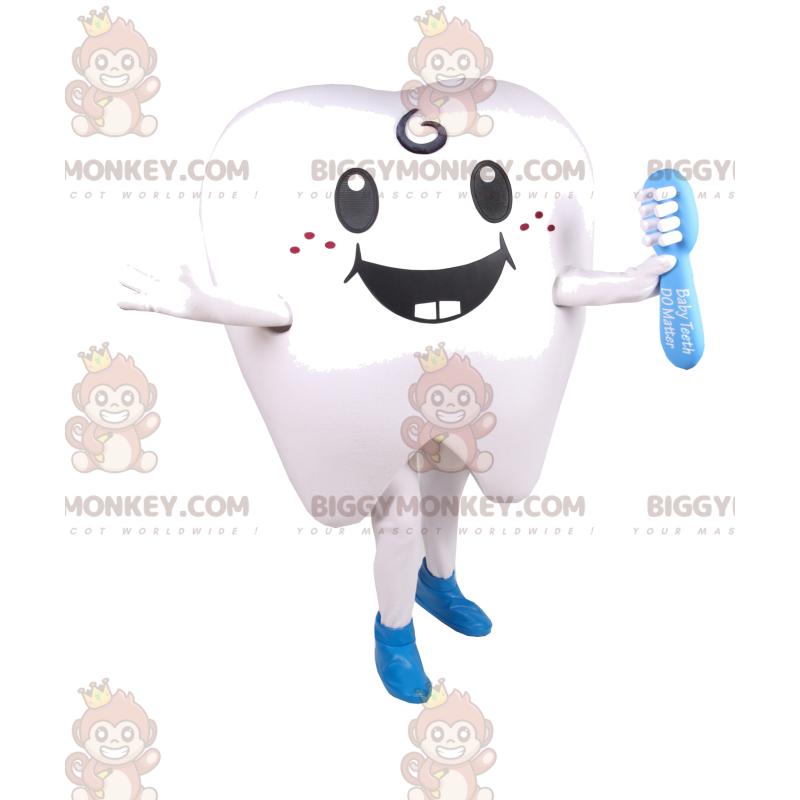 BIGGYMONKEY™ maskotkostume af smilende hvid tand og blå BIGGYMONKEY™ maskotkostume af smilende hvid tand og blå