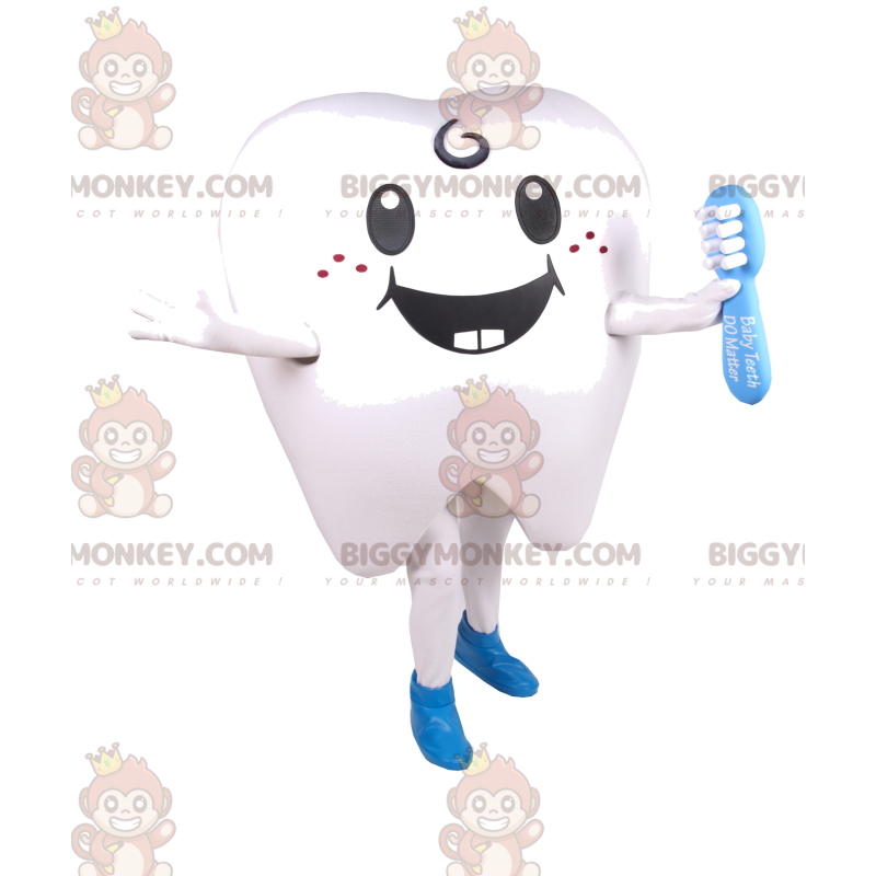 Kostým maskota BIGGYMONKEY™ s usměvavým bílým zubem a modrým