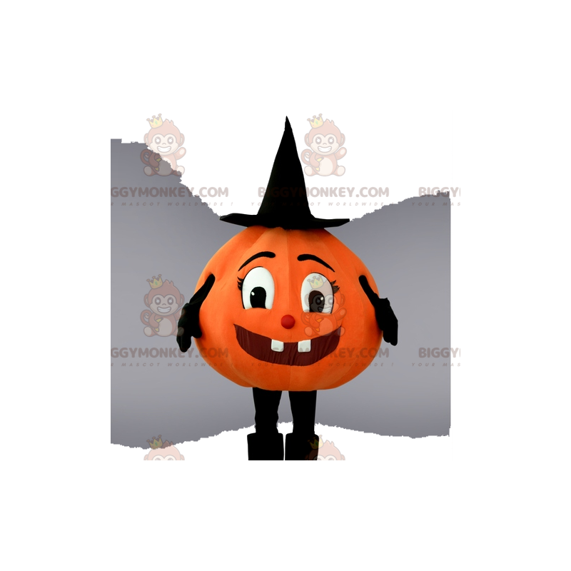 Cute Pumpkin BIGGYMONKEY™ Mascot Costume With Pointy Black Hat